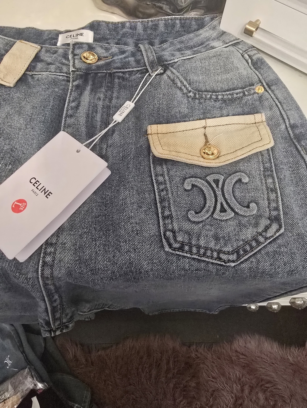 Celine Wide-Leg Blue Denim Jeans with Branded Pocket